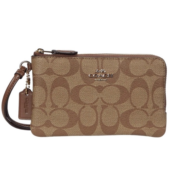 Coach Handbags - COACH F66506 Khaki Tan Signature Leather Corner Zip Double Zip Wristlet
